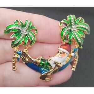 Santa on a Palm Tree Hammock Brooch Christmas Rhinestones and Enamel Whimsical